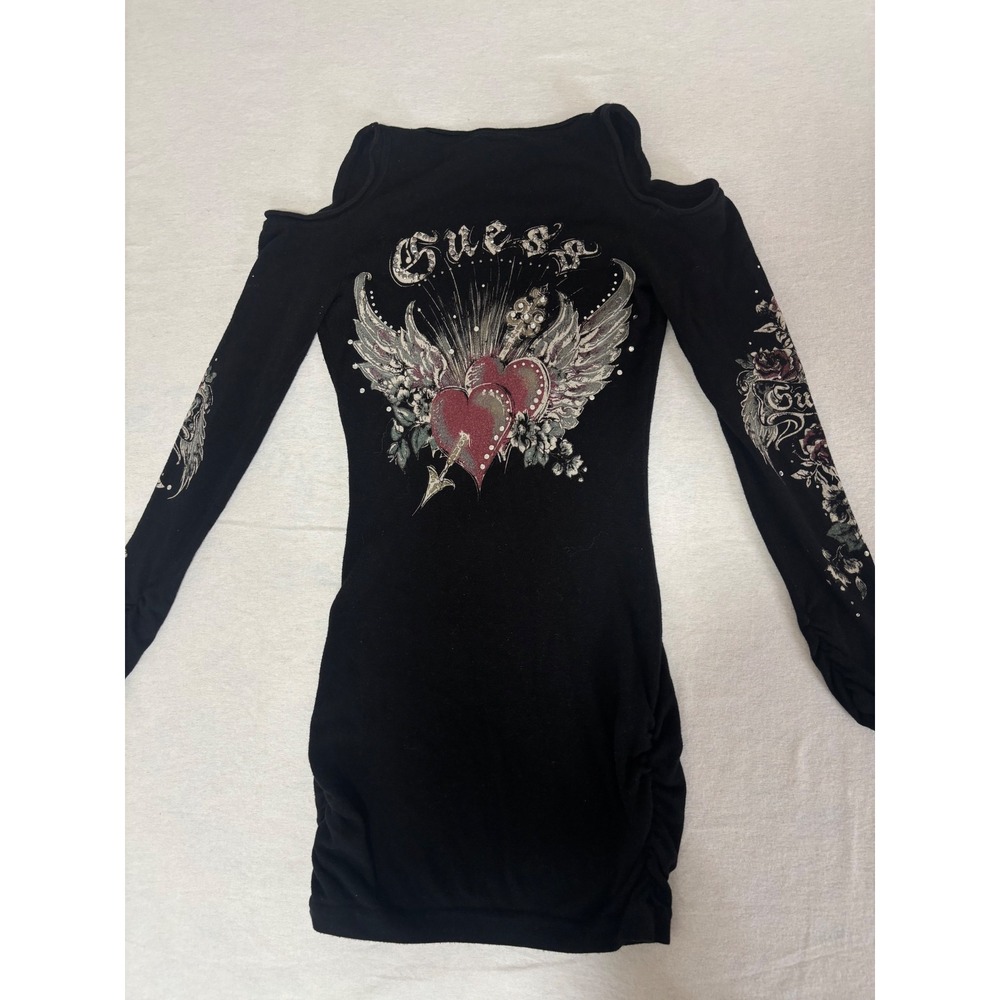 Guess Los Angeles Black Cold Shoulder Mini Dress Y2K Winged Heart Rhinestone L